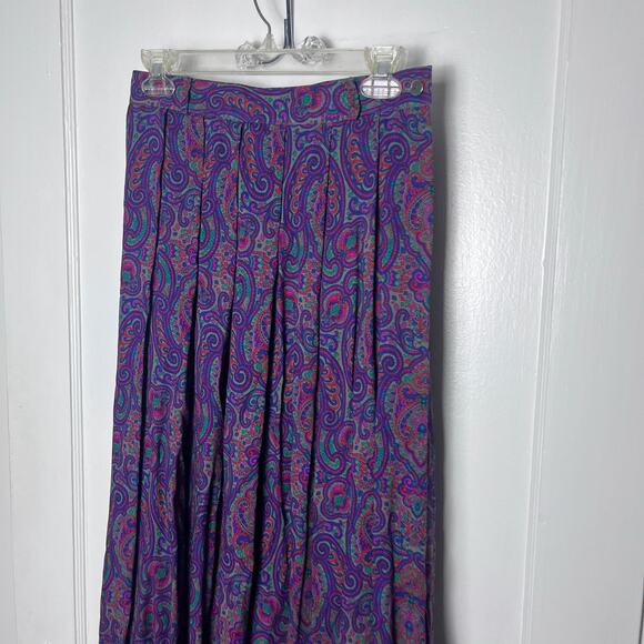 Vintage 90s Liz Claiborne Purple Paisley Floral Pleated Swing Midi Skirt Size 8 - Picture 2 of 6